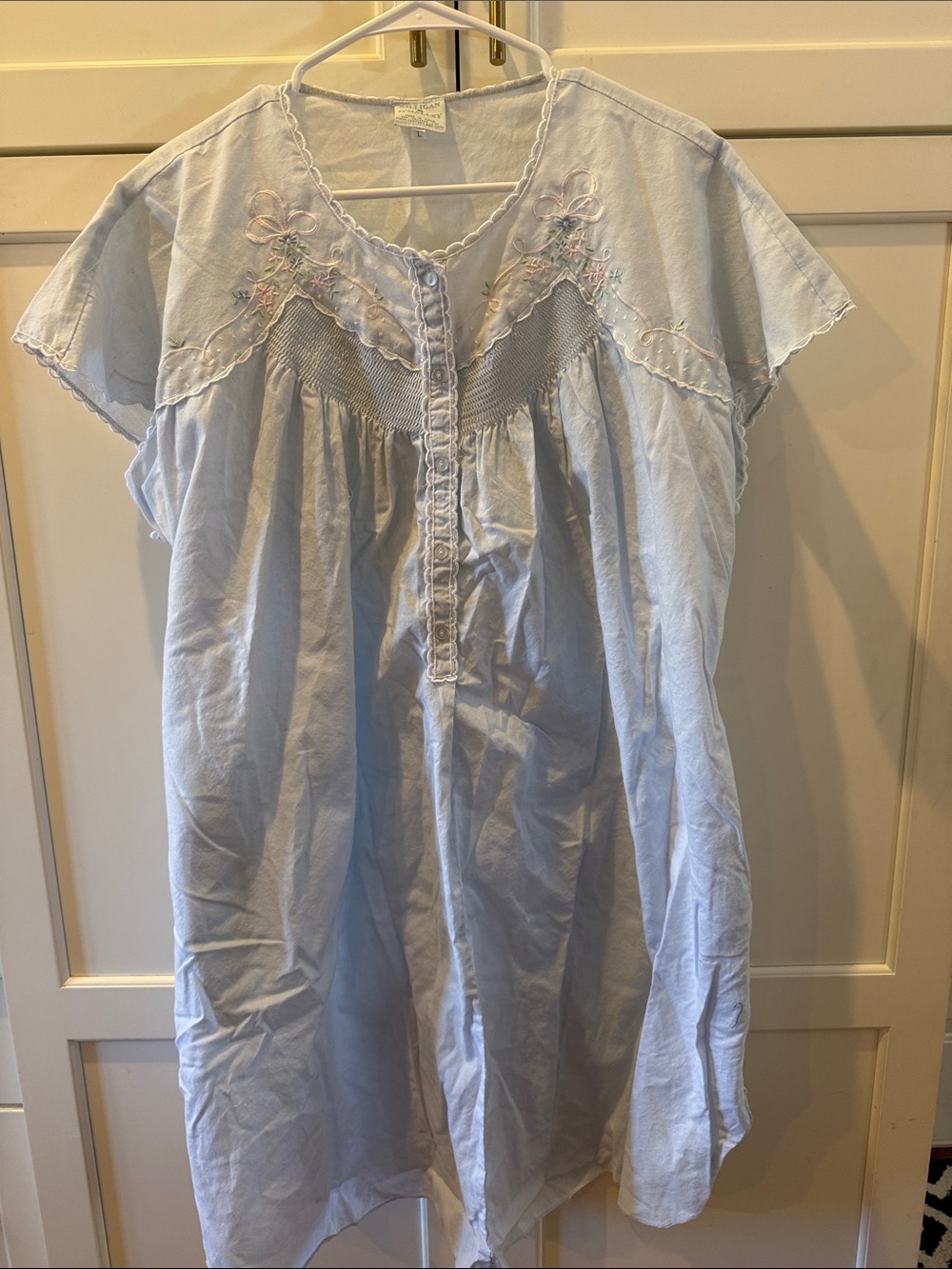 Classic Light Blue Embroidered Women's Nightgown - Button Front 100% cotton L